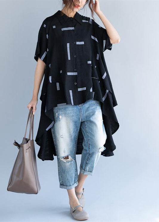 Feine schwarze Bluse aus reiner Baumwolle Oversize-Reisebluse feine Low-High-Design Kurzarm-Baumwollblusen