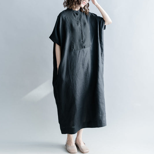 Feine schwarze Seidenleinenkleider Oversize Stand Baggy Kleider Kaftans lässiges Kurzarm Patchworkkleid