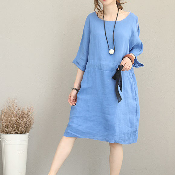 Feines blaues Midi-Leinenkleid Oversize Leinenkleid feine Taille Kordelzug Armband Ärmel Kniekleider