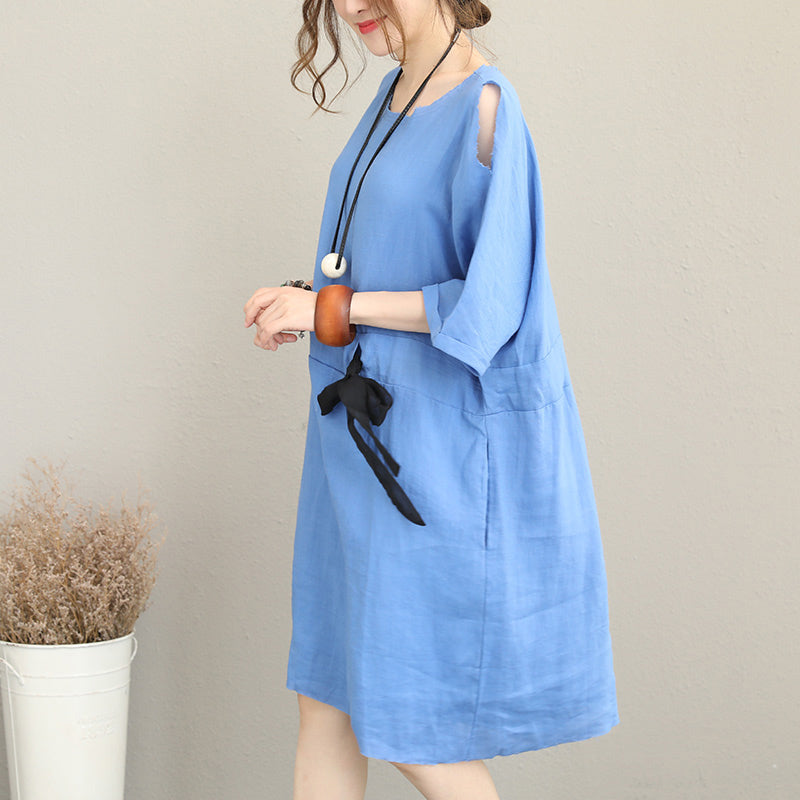 Feines blaues Midi-Leinenkleid Oversize Leinenkleid feine Taille Kordelzug Armband Ärmel Kniekleider