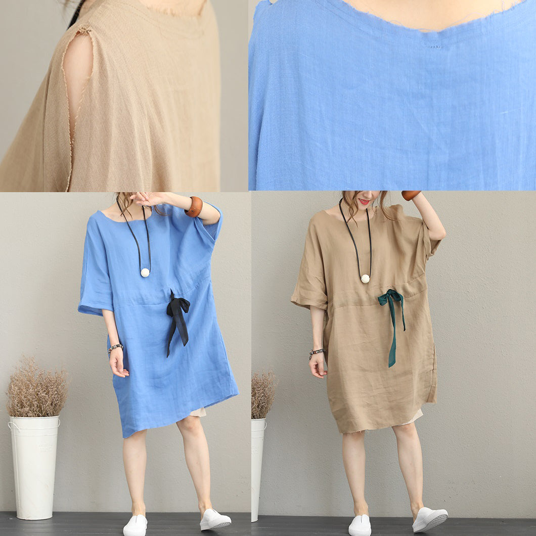Feines blaues Midi-Leinenkleid Oversize Leinenkleid feine Taille Kordelzug Armband Ärmel Kniekleider