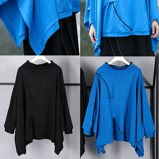 Feiner blauer Midi-Pullover, lässige Stehkragen-Oberteile, lässige Fledermausärmel, asymmetrisches Design, Kleidungsoberteile