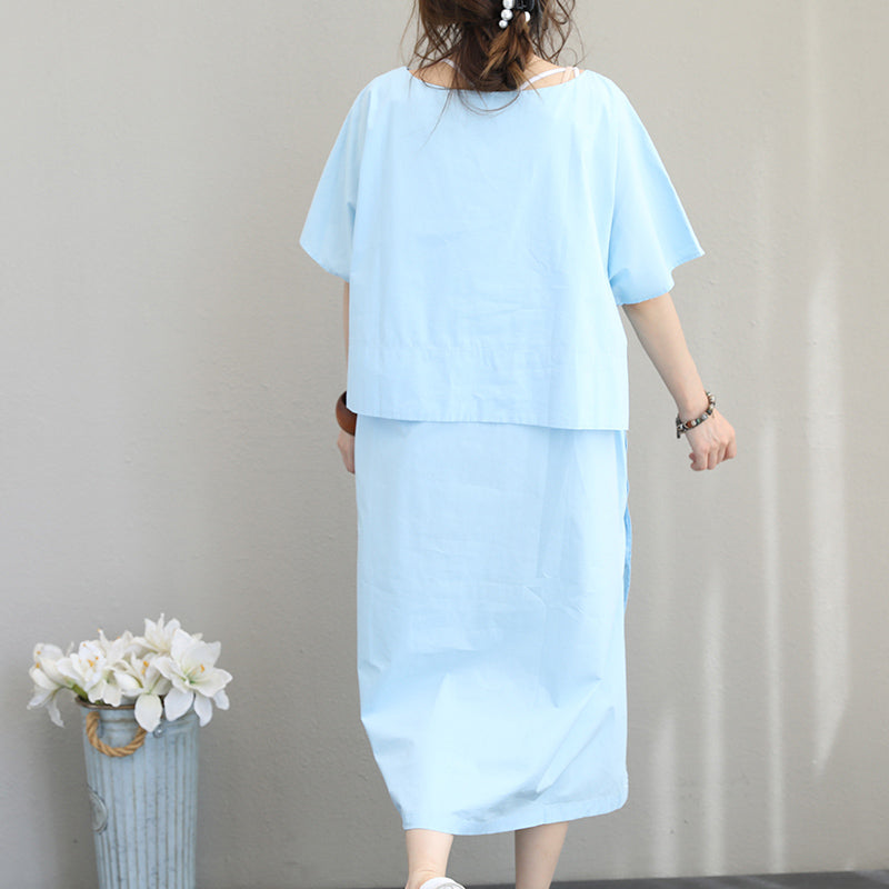 Feines blaues Leinenkleid Übergrößenkleidung Leinenkleidungskleid Boutique seitlich offene Taillenbinde Leinen-Baumwollkleid