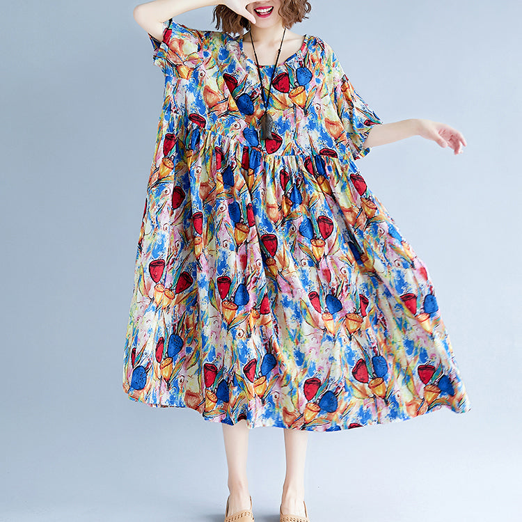 Feine blaue Leinenkleider Locker sitzendes Kurzarm-Maxikleid aus bedruckter Baumwolle Feine Kaftane mit Rundhalsausschnitt