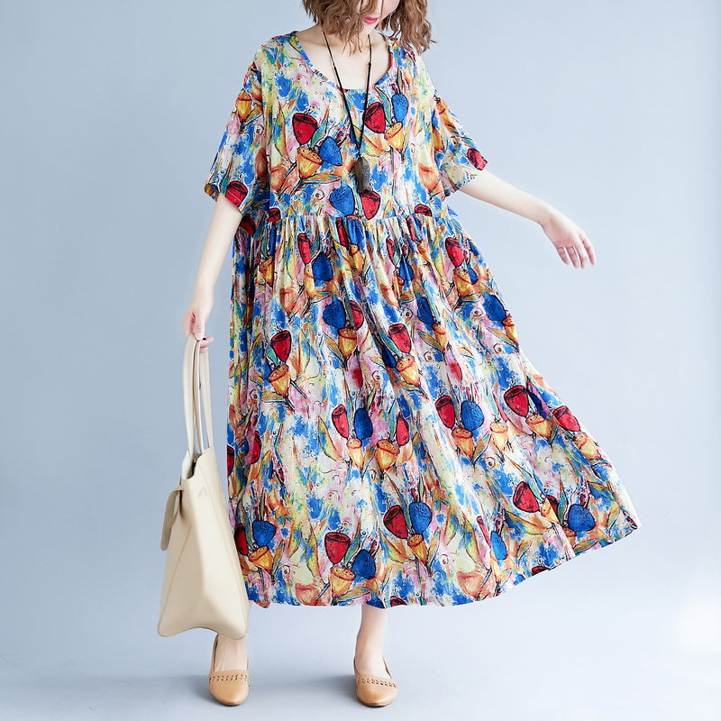 Feine blaue Leinenkleider Locker sitzendes Kurzarm-Maxikleid aus bedruckter Baumwolle Feine Kaftane mit Rundhalsausschnitt