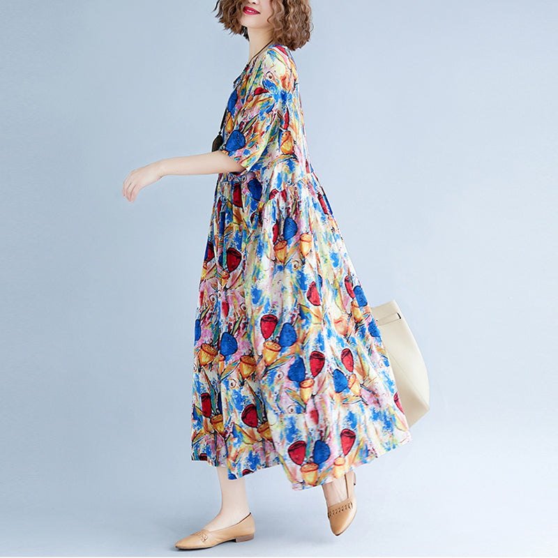 Feine blaue Leinenkleider Locker sitzendes Kurzarm-Maxikleid aus bedruckter Baumwolle Feine Kaftane mit Rundhalsausschnitt