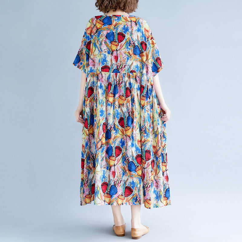 Feine blaue Leinenkleider Locker sitzendes Kurzarm-Maxikleid aus bedruckter Baumwolle Feine Kaftane mit Rundhalsausschnitt