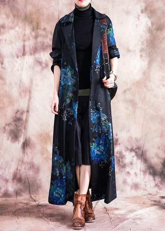 Fine blue prints Coats Loose fitting trench coats fall outwear lapel collar - SooLinen