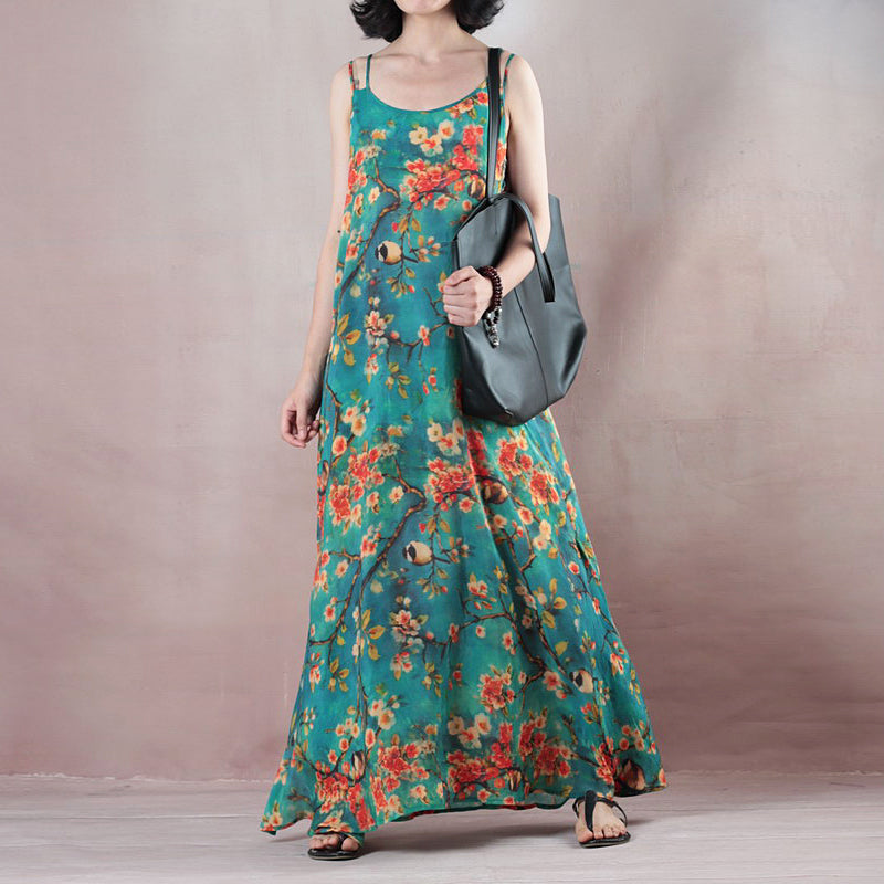 Feines blaues Sommer-Maxikleid mit Rundhalsausschnitt und Spaghettiträgern, Cocktailkleid mit A-Linien-Röcken und geblümten Maxikleidern