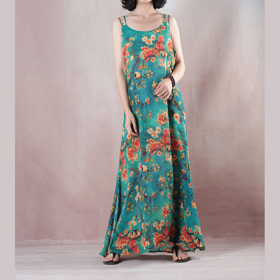 Feines blaues Sommer-Maxikleid mit Rundhalsausschnitt und Spaghettiträgern, Cocktailkleid mit A-Linien-Röcken und geblümten Maxikleidern