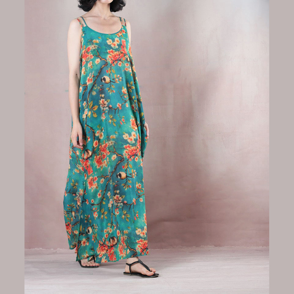 Feines blaues Sommer-Maxikleid mit Rundhalsausschnitt und Spaghettiträgern, Cocktailkleid mit A-Linien-Röcken und geblümten Maxikleidern