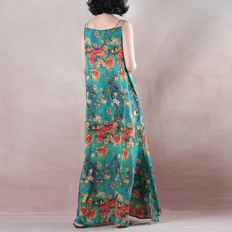 Feines blaues Sommer-Maxikleid mit Rundhalsausschnitt und Spaghettiträgern, Cocktailkleid mit A-Linien-Röcken und geblümten Maxikleidern