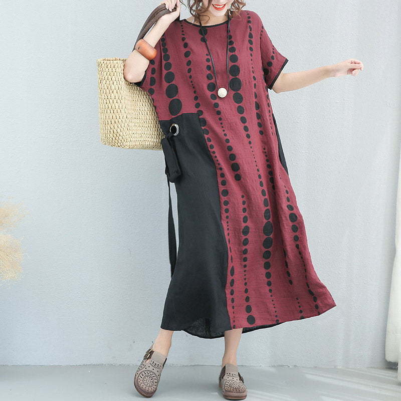 Feine burgunderfarbene Leinenkaftane in Übergröße, gepunktete Leinenkleidung, Kleid 2018, Patchwork-Leinenkaftane