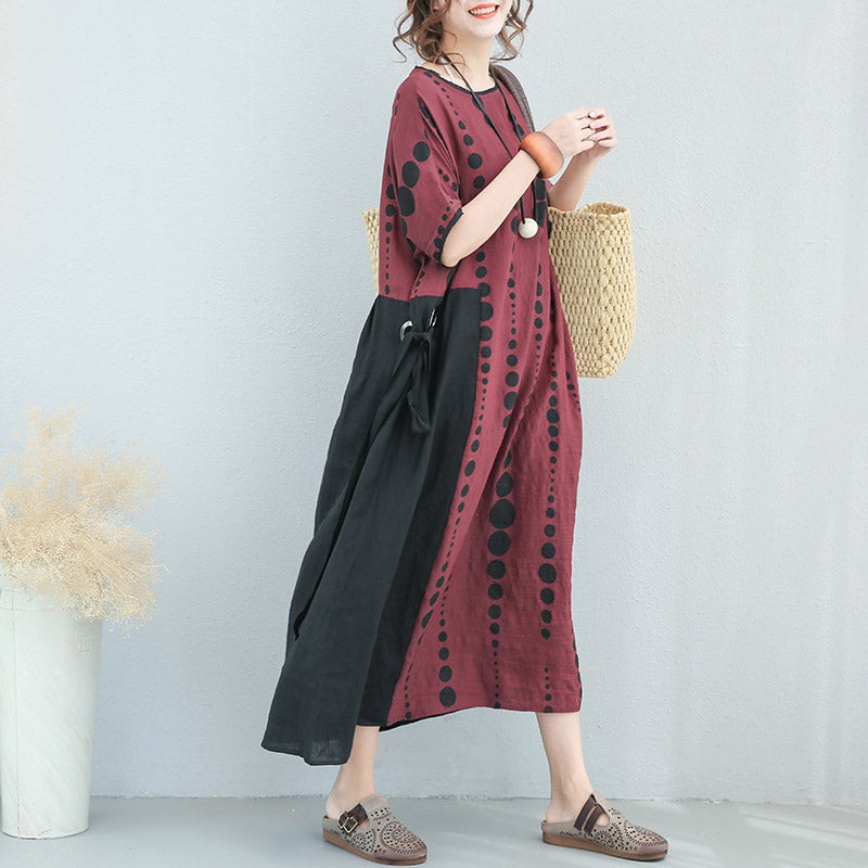 Feine burgunderfarbene Leinenkaftane in Übergröße, gepunktete Leinenkleidung, Kleid 2018, Patchwork-Leinenkaftane