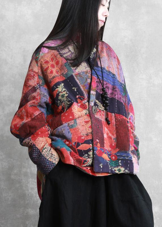 Fine casual down jacket winter outwear print v neck pockets outwear - SooLinen