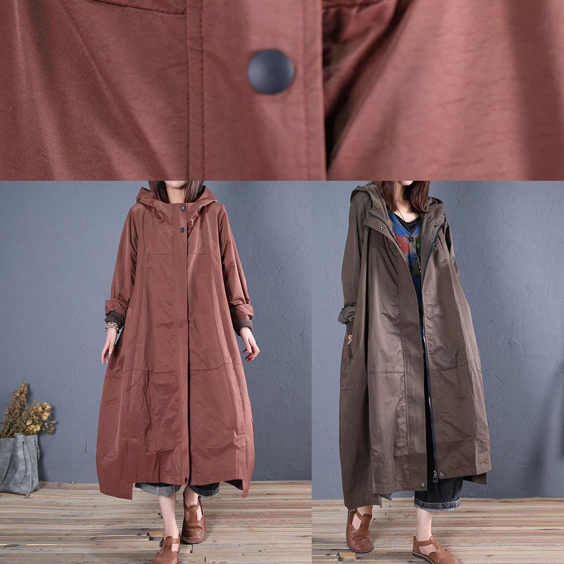 Fine casual long fall brown hooded zippered overcoat - SooLinen