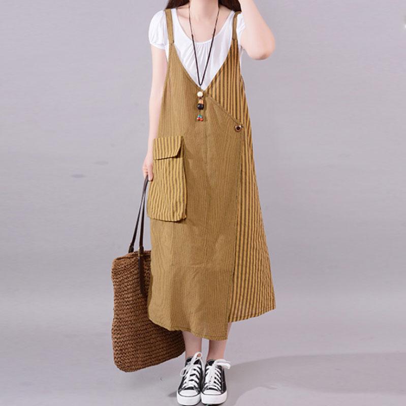 Sommerkleid aus feiner Baumwollmischung in Übergröße, lässig, gestreift, große Tasche, lockeres Hosenträgerkleid