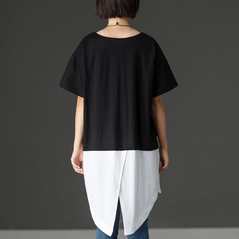 Feine Baumwollmischtops in Übergröße, schwarz, lässig, Sommer, High-Low-Saum, kurzärmelig, Damenhemden
