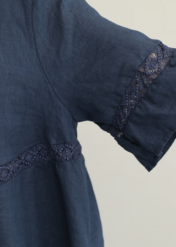 Feines dunkelblaues Leinen-Kniekleid übergroßes Leinen-Baumwollkleid Boutique Flare Ärmel Spitze Patchwork Leinenkleid