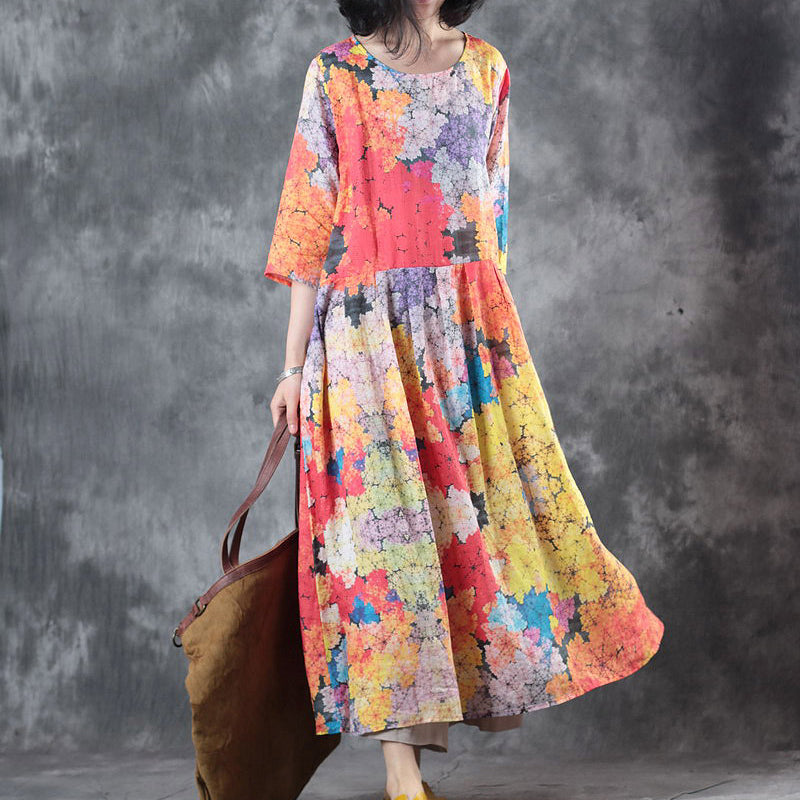 Feine florale lange Leinenkleider, lässige Kaftane mit O-Ausschnitt und Taschen, neue Baggy-Kleider mit halben Ärmeln, Kaftane