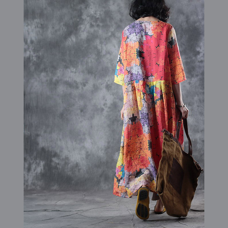 Feine florale lange Leinenkleider, lässige Kaftane mit O-Ausschnitt und Taschen, neue Baggy-Kleider mit halben Ärmeln, Kaftane