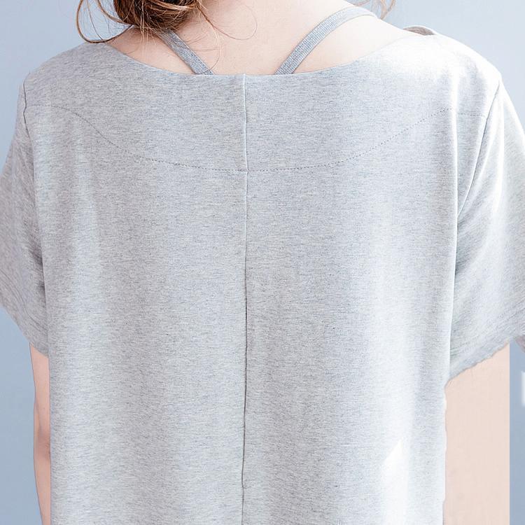 Feines graues Baumwollkleid in Übergröße, Rundhalsausschnitt, Baumwollkleid für Damen, Rückseite offen, Baumwollkleid