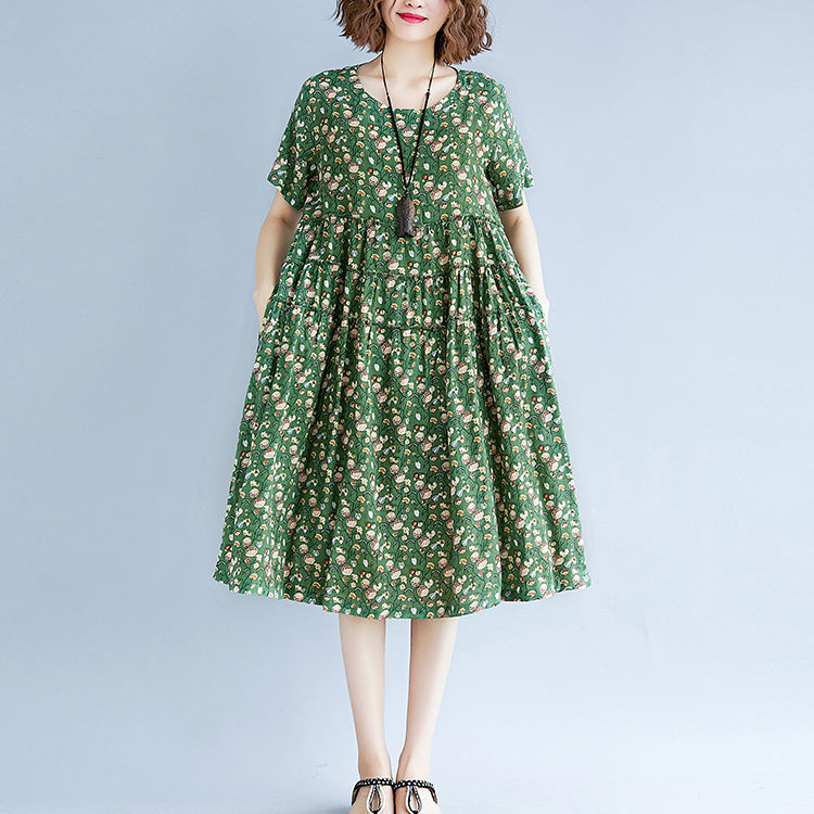 Feines grünes Baumwoll-Leinen-Kleid mit Print, Oversize-Kurzarmkleid, lässiges O-Ausschnitt-Baggy-Kleid, Baumwoll-Leinen-Kleid