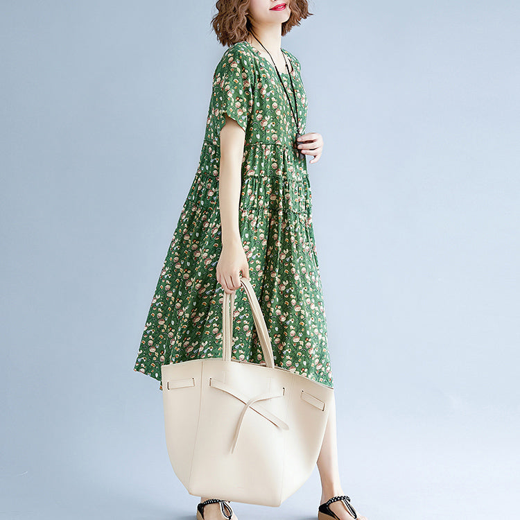 Feines grünes Baumwoll-Leinen-Kleid mit Print, Oversize-Kurzarmkleid, lässiges O-Ausschnitt-Baggy-Kleid, Baumwoll-Leinen-Kleid