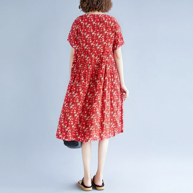 Feines grünes Baumwoll-Leinen-Kleid mit Print, Oversize-Kurzarmkleid, lässiges O-Ausschnitt-Baggy-Kleid, Baumwoll-Leinen-Kleid