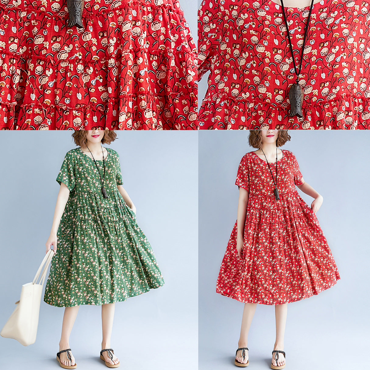 Feines grünes Baumwoll-Leinen-Kleid mit Print, Oversize-Kurzarmkleid, lässiges O-Ausschnitt-Baggy-Kleid, Baumwoll-Leinen-Kleid