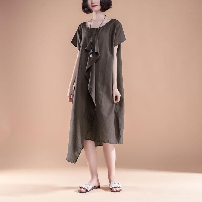 Feines Leinen-Baumwollkleid in Übergröße, kurzärmelig, hoher Saum, lässiges Sommerkleid