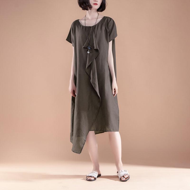 Feines Leinen-Baumwollkleid in Übergröße, kurzärmelig, hoher Saum, lässiges Sommerkleid