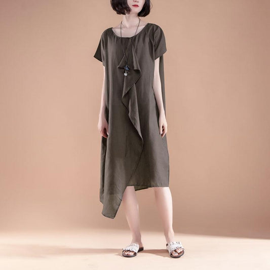 Fine linen cotton dress plus size clothing Short Sleeve High-low Hem Summer Casual Dress