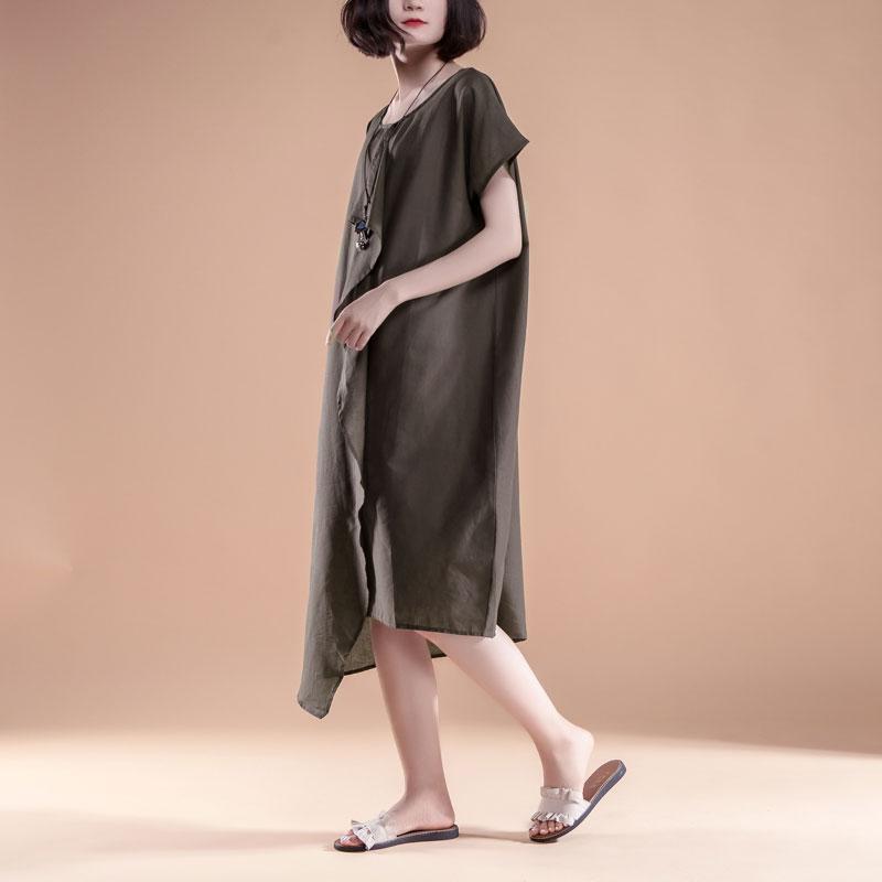 Feines Leinen-Baumwollkleid in Übergröße, kurzärmelig, hoher Saum, lässiges Sommerkleid