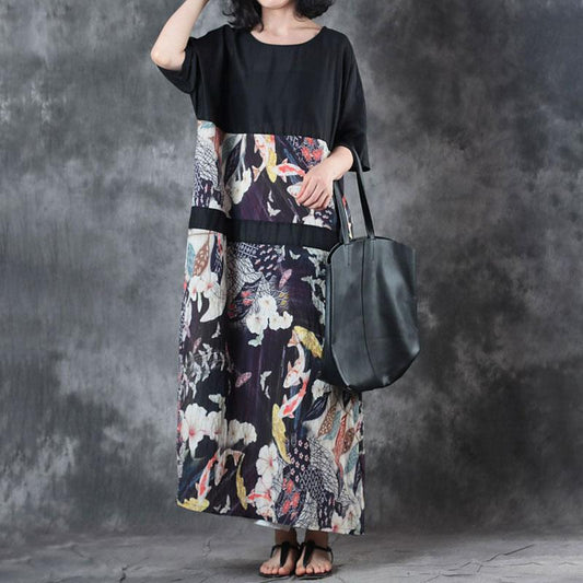 Feines Leinen-Sommerkleid, stilvolles Retro-Rundhals-Spleißen, Flachs-Print, Kurzarmkleid