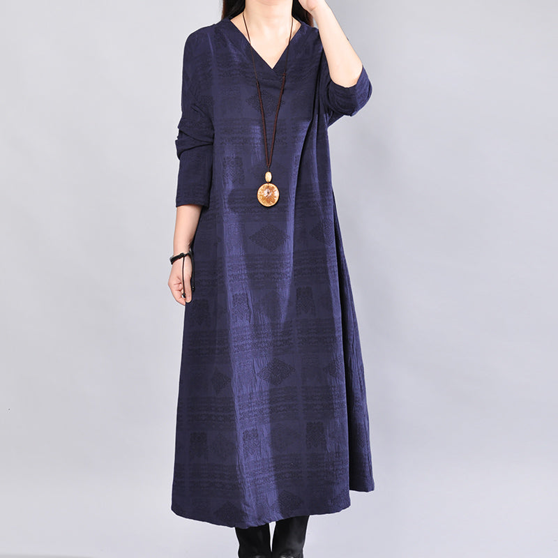 Feines marineblaues Leinenkleid, übergroßes Reisekleid, lässiges Baumwollkleid mit offenem V-Ausschnitt und Rückseite