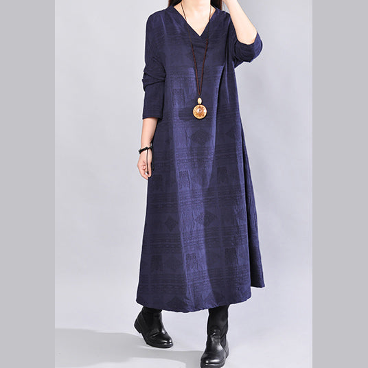 Feines marineblaues Leinenkleid, übergroßes Reisekleid, lässiges Baumwollkleid mit offenem V-Ausschnitt und Rückseite