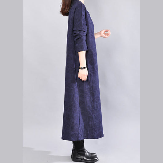 Feines marineblaues Leinenkleid, übergroßes Reisekleid, lässiges Baumwollkleid mit offenem V-Ausschnitt und Rückseite