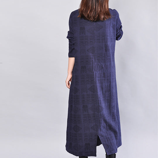 Feines marineblaues Leinenkleid, übergroßes Reisekleid, lässiges Baumwollkleid mit offenem V-Ausschnitt und Rückseite
