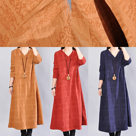 Feines marineblaues Leinenkleid, übergroßes Reisekleid, lässiges Baumwollkleid mit offenem V-Ausschnitt und Rückseite