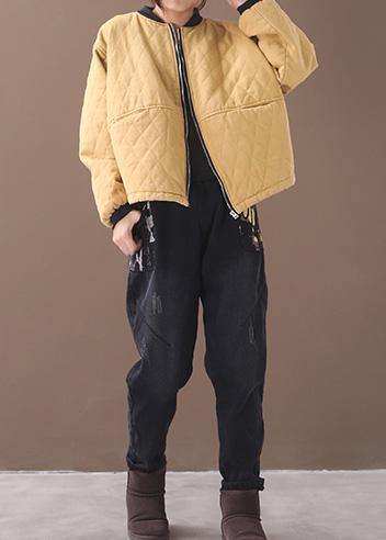 Fine oversized winter jacket outwear yellow stand collar casual outfit - SooLinen