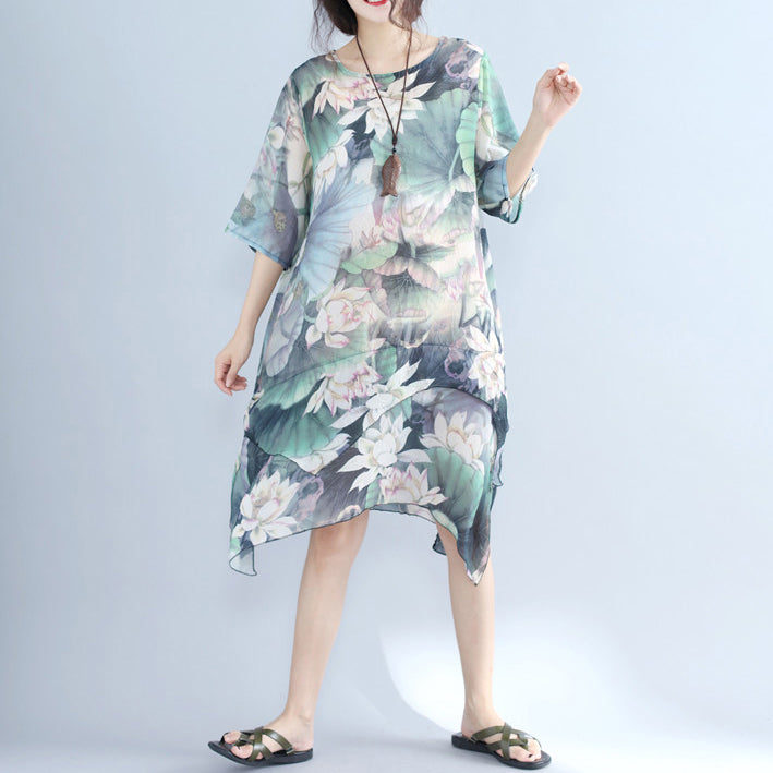 Feine Drucke Chiffonkleid Plussize Chiffon Maxikleid Boutique Halbarm asymmetrischer Saum Kleidungskleid