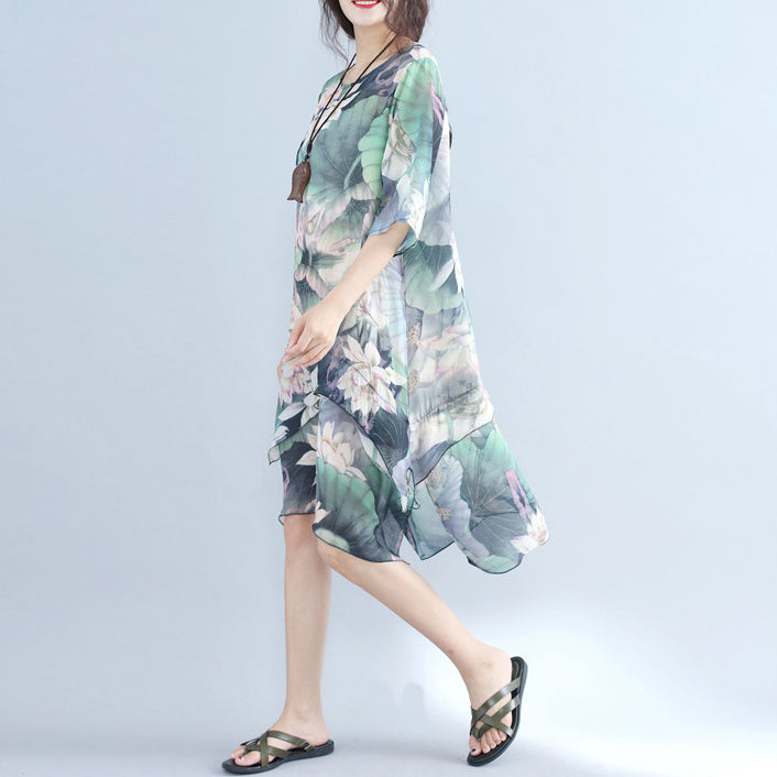 Feine Drucke Chiffonkleid Plussize Chiffon Maxikleid Boutique Halbarm asymmetrischer Saum Kleidungskleid