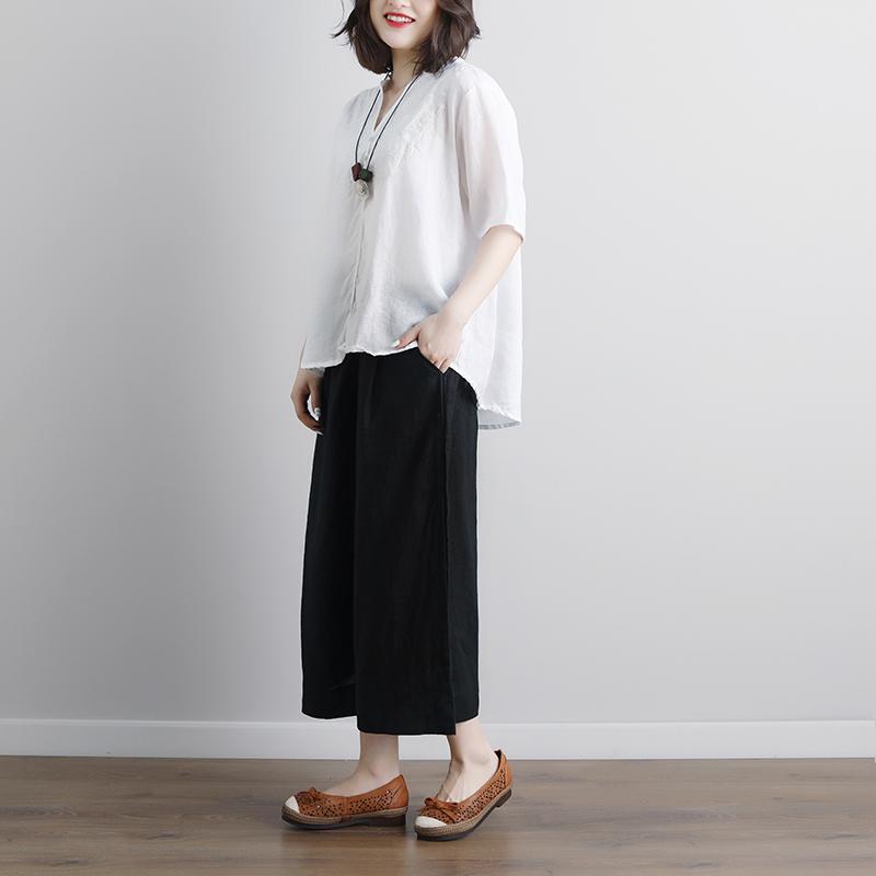 Feine Bluse aus reinem Leinen, trendige Plus-Size-Oberteile im Retro-Stil mit kurzen Ärmeln und Stickereien