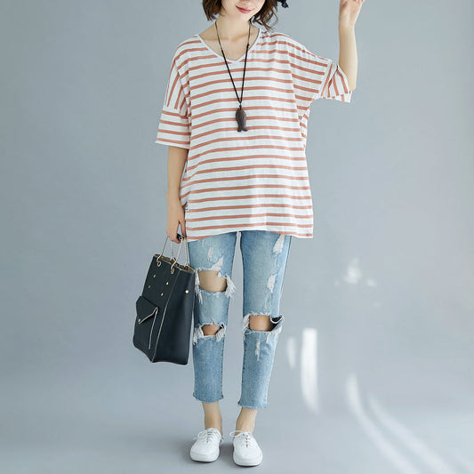Feine rote Baumwollbluse, übergroße Urlaubsoberteile, fein gestreifte Baumwolloberteile mit V-Ausschnitt