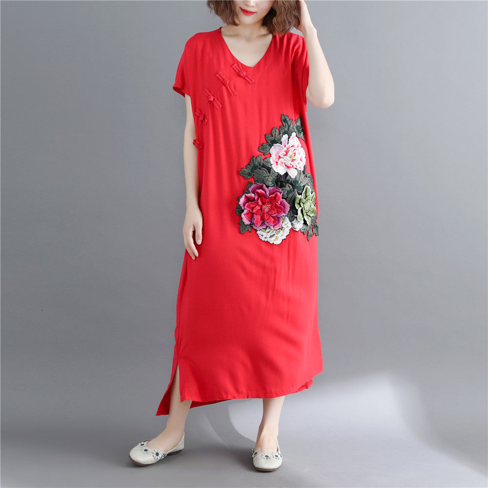 Feines rotes Maxikleid aus Baumwollleinen, lässig, kurzärmelig, bestickte Baumwollkleider, feiner V-Ausschnitt, Reisekleidung