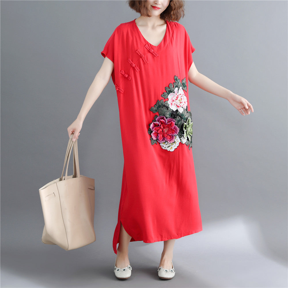 Feines rotes Maxikleid aus Baumwollleinen, lässig, kurzärmelig, bestickte Baumwollkleider, feiner V-Ausschnitt, Reisekleidung