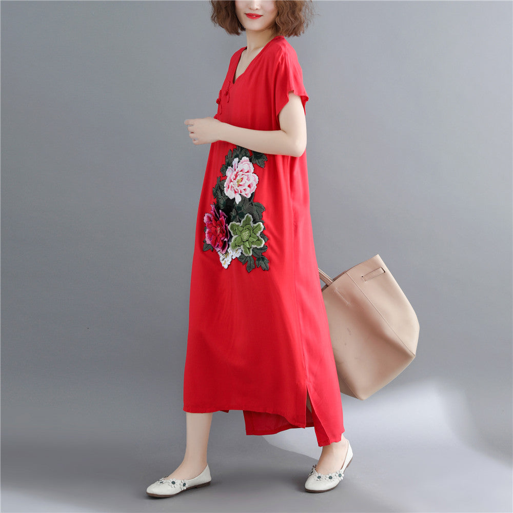Feines rotes Maxikleid aus Baumwollleinen, lässig, kurzärmelig, bestickte Baumwollkleider, feiner V-Ausschnitt, Reisekleidung