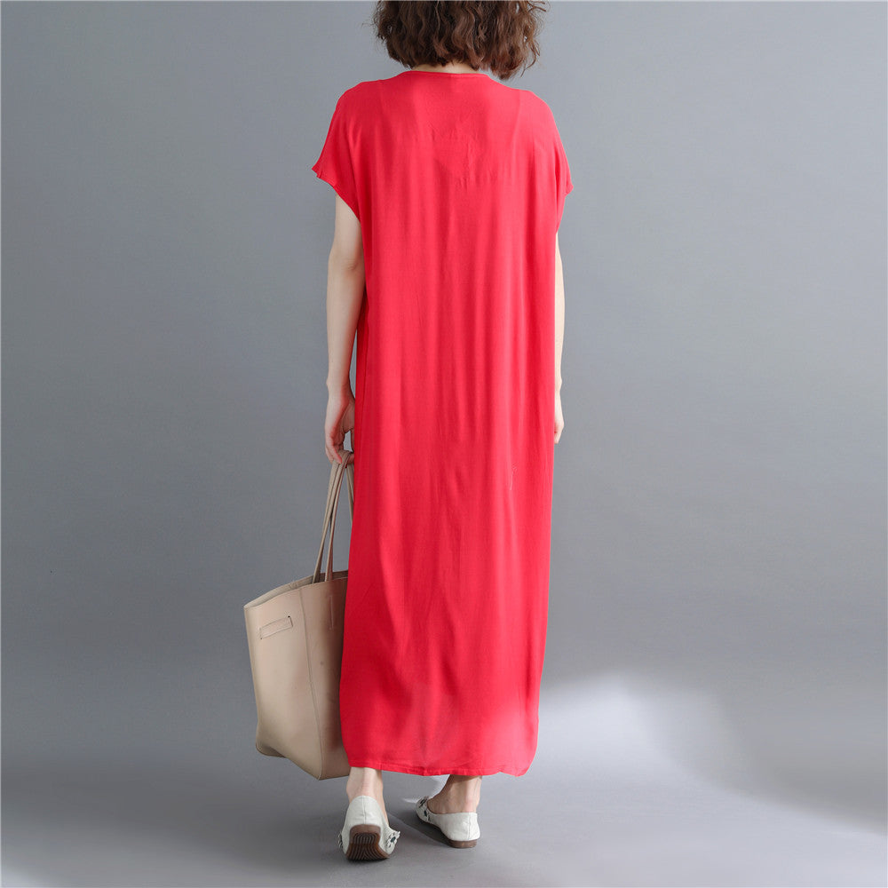 Feines rotes Maxikleid aus Baumwollleinen, lässig, kurzärmelig, bestickte Baumwollkleider, feiner V-Ausschnitt, Reisekleidung