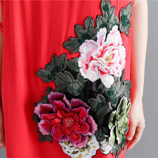 Feines rotes Maxikleid aus Baumwollleinen, lässig, kurzärmelig, bestickte Baumwollkleider, feiner V-Ausschnitt, Reisekleidung